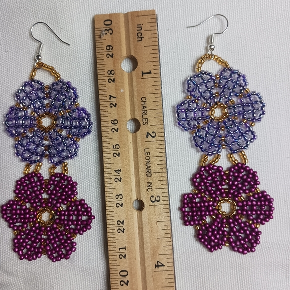 Handcrafted Beaded Floral Earrings - Purple and Pink - Picture 3 of 3